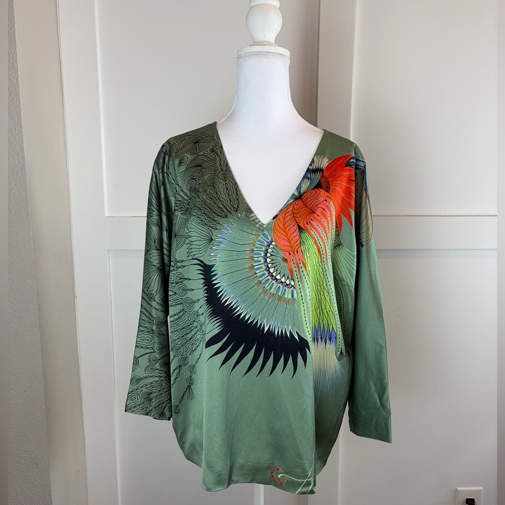 RARE DRIES VAN NOTEN Peacock Floral Satin Top 42 Wearable Art Lined Green